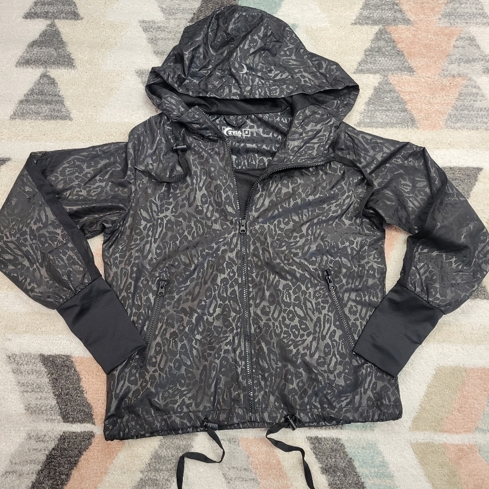 ZYIA Active Black Leopard Bomber Hooded Jacket Size Small